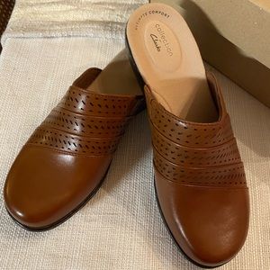 Clarks Dark Tan Leather Mules